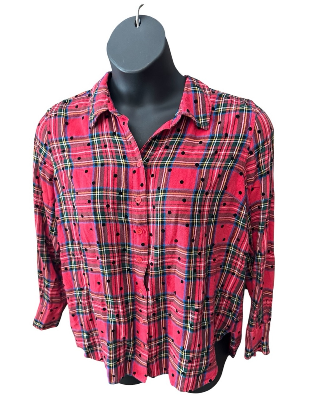 Denim&Co Pink Plaid Button-Down Shirt with Black Dot Pattern